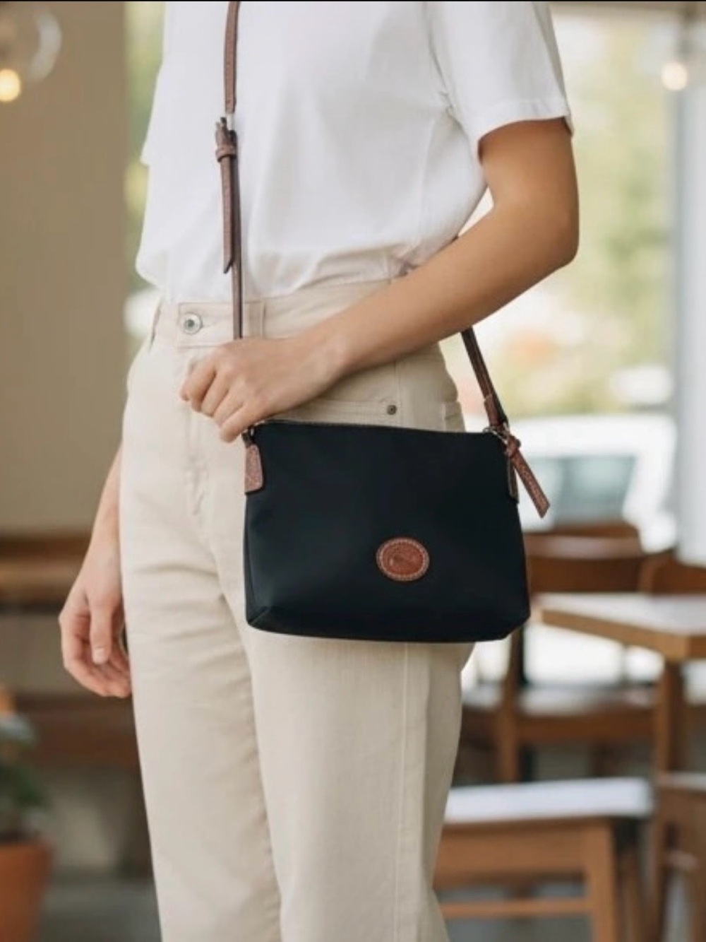 Dooney & Bourke Black Canvas Crossbody with Brown Leather Trim and Strap